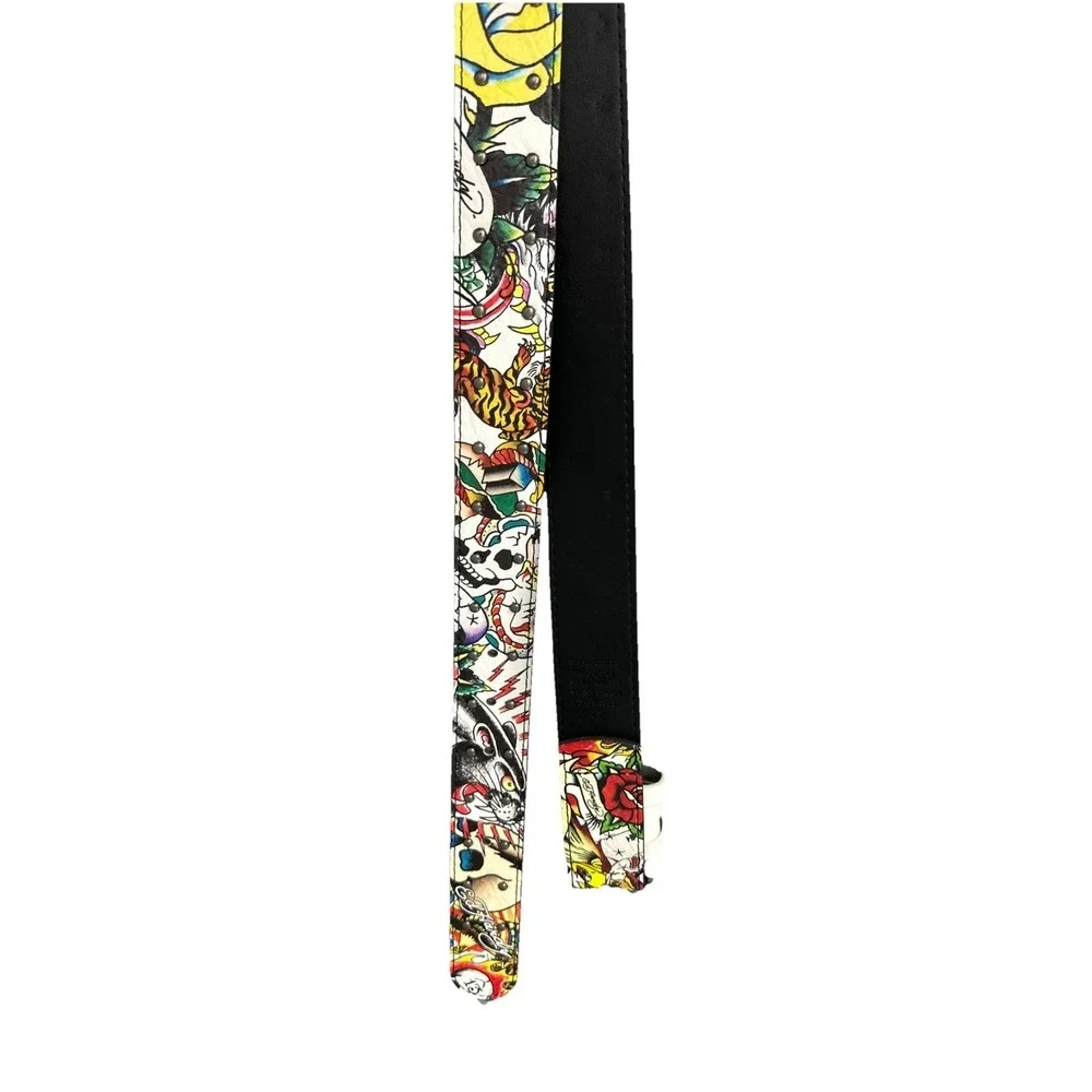 Ed Hardy Men's Skull Tiger Panther Print Belt With Hammered Rivet Studs SZ 40 NW